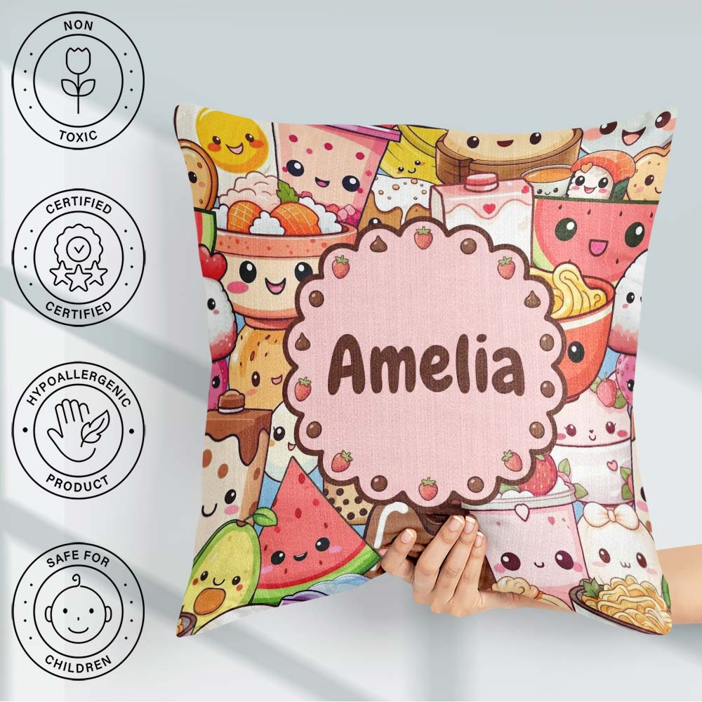 Custom Name Cute Kawaii Food Sushi Drinks Desserts Blue Seamless Square Filled Cushion Throw Pillow Sofa Bed Home Decor Zip Washable UK Made