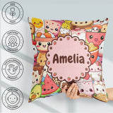 Custom Name Cute Kawaii Food Sushi Drinks Desserts Blue Seamless Square Filled Cushion Throw Pillow Sofa Bed Home Decor Zip Washable UK Made