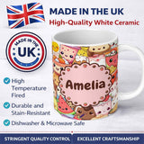 Personalized Custom Name Cute Kawaii Food Characters Sushi Drinks Desserts Blue Seamless 11oz Ceramic Coffee Tea Mug White Large Handle