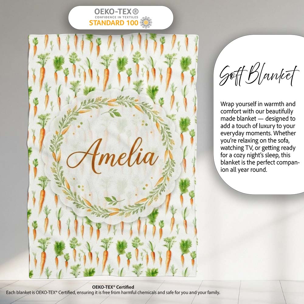 Clean White Background Carrot and Herb Botanical Seamless Pattern  Personalised Custom Name Super Soft Fleece Blanket Bed Sofa Throw