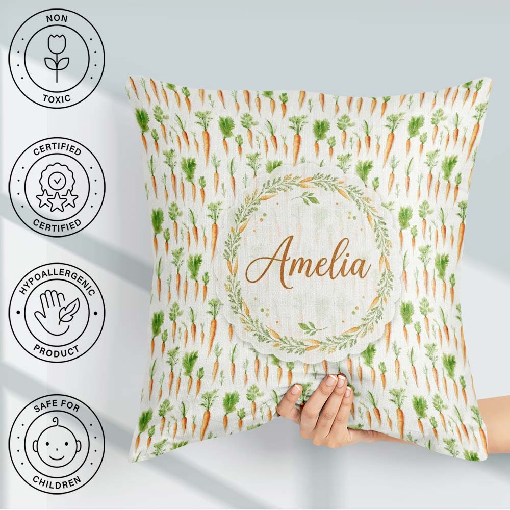 Custom Name Clean White Background Carrot and Botanical Seamless Square Filled Cushion Throw Pillow Sofa Bed Home Decor Zip Washable UK Made