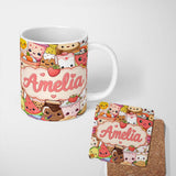 Personalized Custom Name Cute Kawaii Food Characters Sushi Drinks Desserts Cream Seamless 11oz Ceramic Coffee Tea Mug White Large Handle