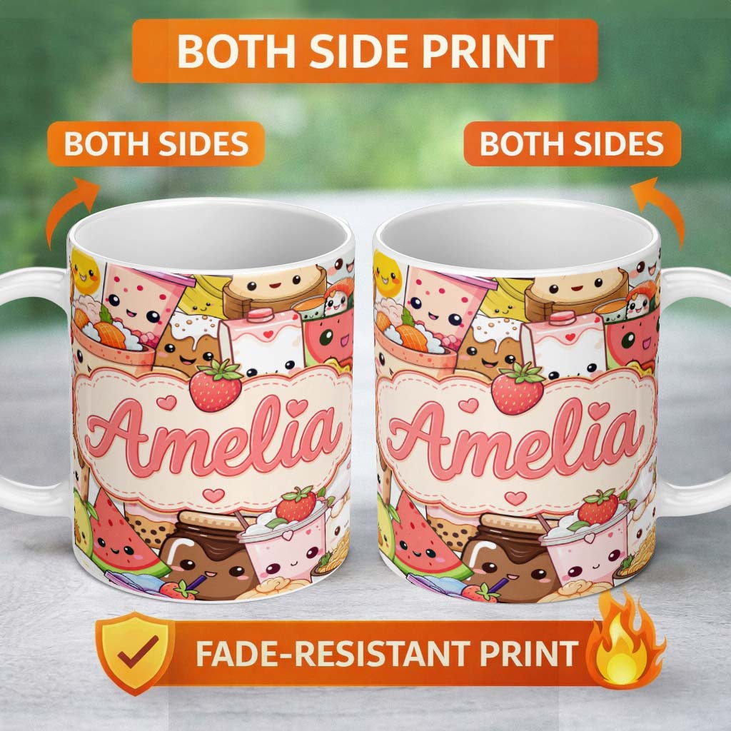 Personalized Custom Name Cute Kawaii Food Characters Sushi Drinks Desserts Cream Seamless 11oz Ceramic Coffee Tea Mug White Large Handle