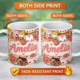 Personalized Custom Name Cute Kawaii Food Characters Sushi Drinks Desserts Cream Seamless 11oz Ceramic Coffee Tea Mug White Large Handle
