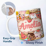 Personalized Custom Name Cute Kawaii Food Characters Sushi Drinks Desserts Cream Seamless 11oz Ceramic Coffee Tea Mug White Large Handle