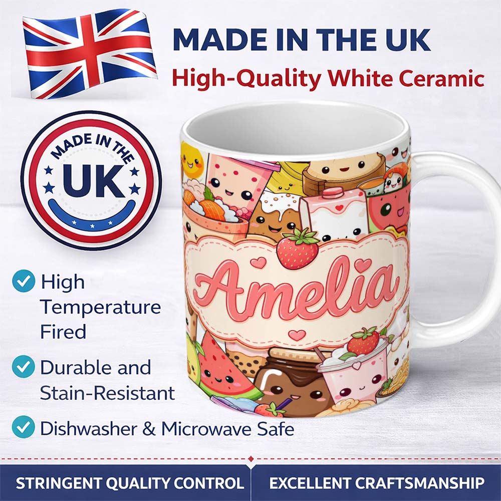 Personalized Custom Name Cute Kawaii Food Characters Sushi Drinks Desserts Cream Seamless 11oz Ceramic Coffee Tea Mug White Large Handle