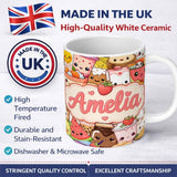Personalized Custom Name Cute Kawaii Food Characters Sushi Drinks Desserts Cream Seamless 11oz Ceramic Coffee Tea Mug White Large Handle