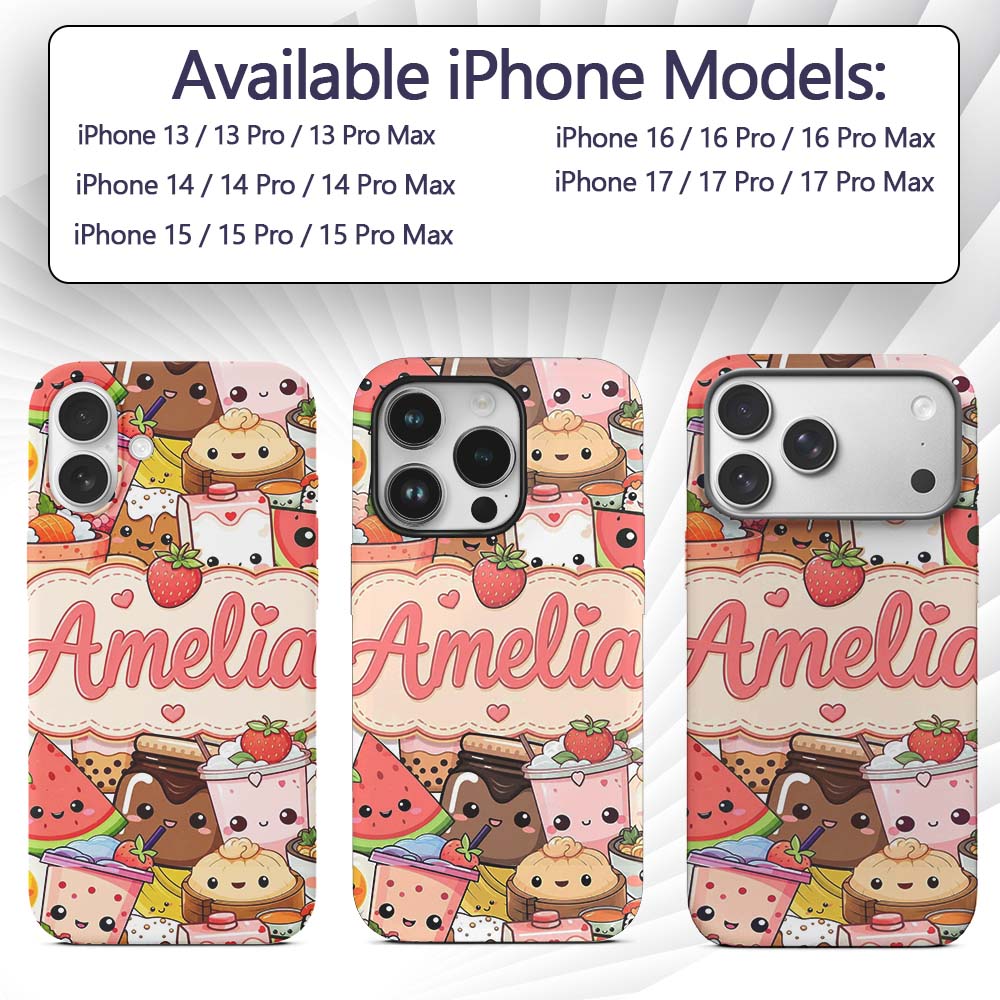 Cute Kawaii Food Characters Sushi Drinks Desserts Custom Name Protective Phone Case Mobile Cover Durable Everyday Smartphone Shock Resistant