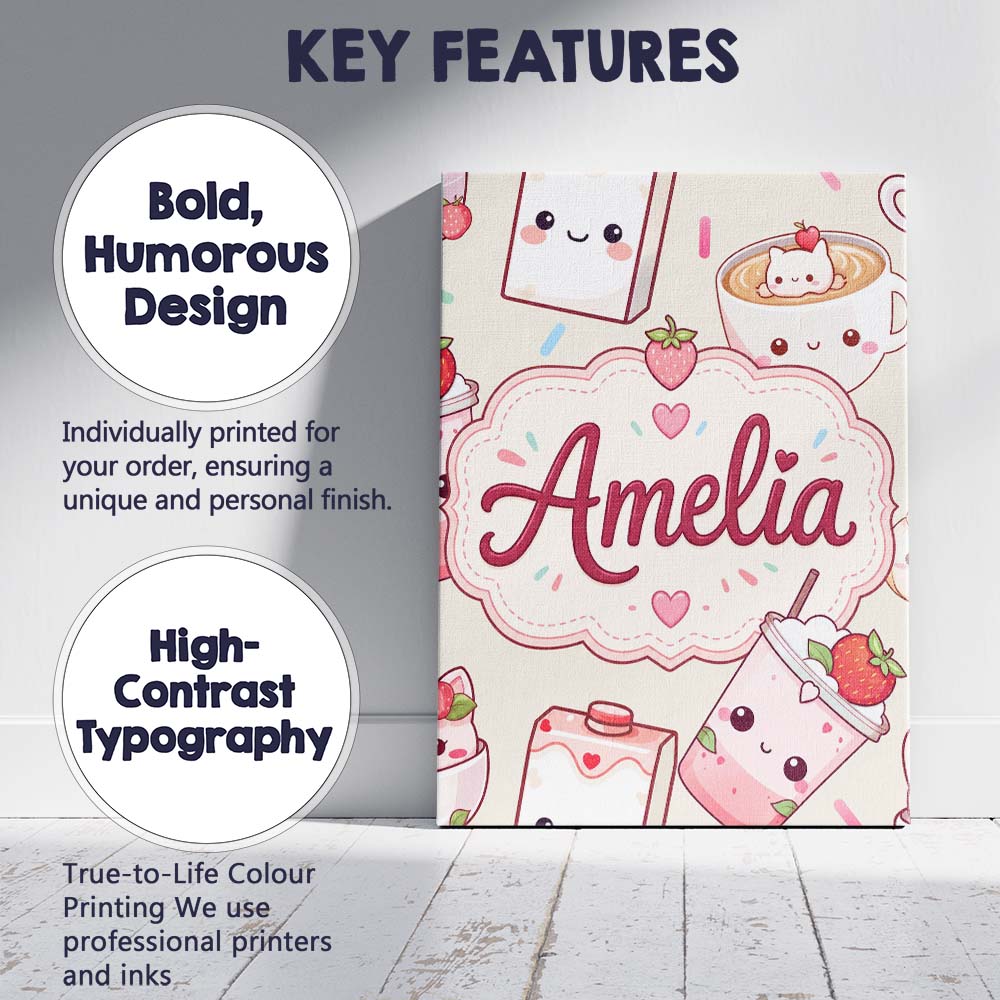 Personalised Name Cute Strawberry Cat Custom Modern Room Accent Creative Decorator Style Canvas Wall Art Print Decor Picture Ready to Hang