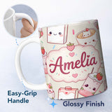 Personalized Custom Name Cute Strawberry Cat Coffee Cups Kawaii Seamless Pattern Name Unique 11oz Ceramic Coffee Tea Mug White Large Handle