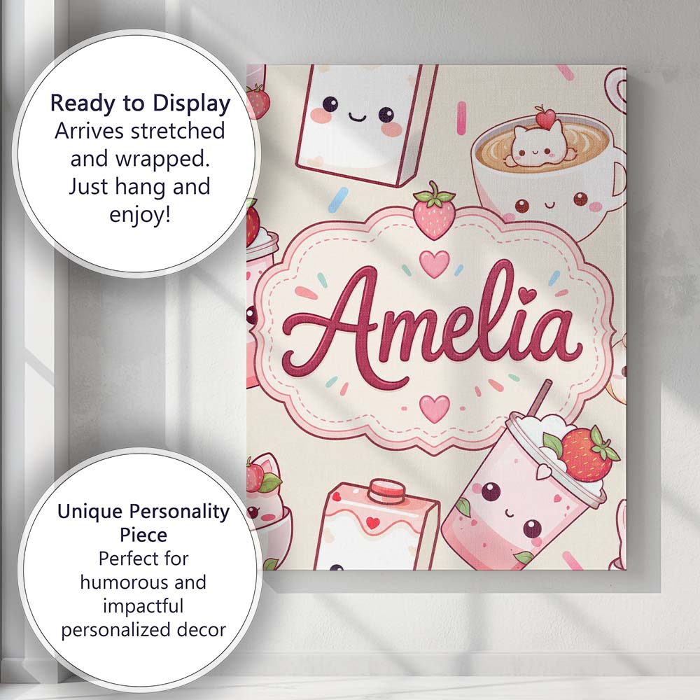 Personalised Name Cute Strawberry Cat Custom Modern Room Accent Creative Decorator Style Canvas Wall Art Print Decor Picture Ready to Hang
