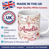 Personalized Custom Name Cute Strawberry Cat Coffee Cups Kawaii Seamless Pattern Name Unique 11oz Ceramic Coffee Tea Mug White Large Handle