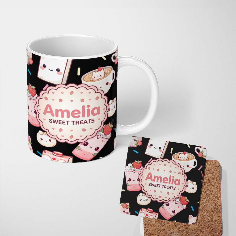 Personalized Custom Name Cute Strawberry Cat Coffee Cups Kawaii Black Seamless Pattern Name 11oz Ceramic Coffee Tea Mug White Large Handle