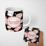 Personalized Custom Name Cute Strawberry Cat Coffee Cups Kawaii Black Seamless Pattern Name 11oz Ceramic Coffee Tea Mug White Large Handle