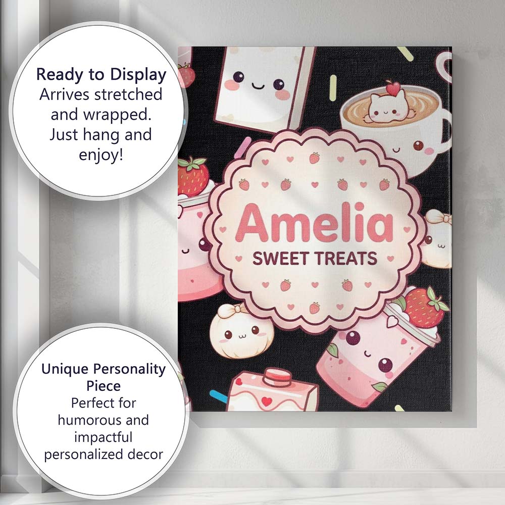 Personalised Name Cute Strawberry Cat Custom Modern Room Accent Creative Decorator Style Canvas Wall Art Print Decor Picture Ready to Hang