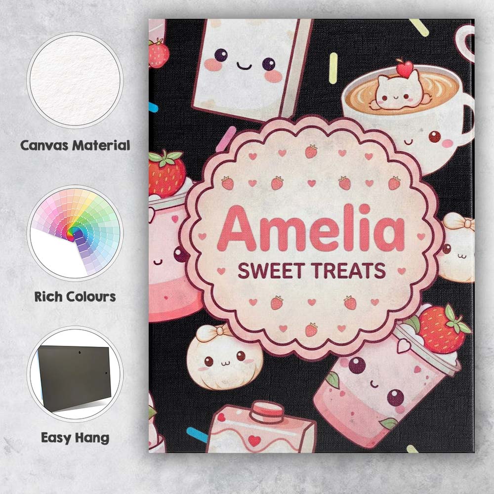 Personalised Name Cute Strawberry Cat Custom Modern Room Accent Creative Decorator Style Canvas Wall Art Print Decor Picture Ready to Hang