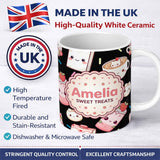 Personalized Custom Name Cute Strawberry Cat Coffee Cups Kawaii Black Seamless Pattern Name 11oz Ceramic Coffee Tea Mug White Large Handle