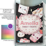 Cute Strawberry Cat Coffee Cups Kawaii Black Seamless Pattern Name  Personalised Custom Name Super Soft Fleece Blanket Bed Sofa Throw