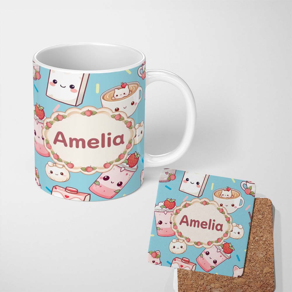 Personalized Custom Name Cute Strawberry Cat Coffee Cups Blue Kawaii Seamless Pattern Name 11oz Ceramic Coffee Tea Mug White Large Handle
