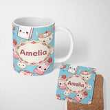 Personalized Custom Name Cute Strawberry Cat Coffee Cups Blue Kawaii Seamless Pattern Name 11oz Ceramic Coffee Tea Mug White Large Handle