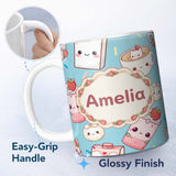 Personalized Custom Name Cute Strawberry Cat Coffee Cups Blue Kawaii Seamless Pattern Name 11oz Ceramic Coffee Tea Mug White Large Handle