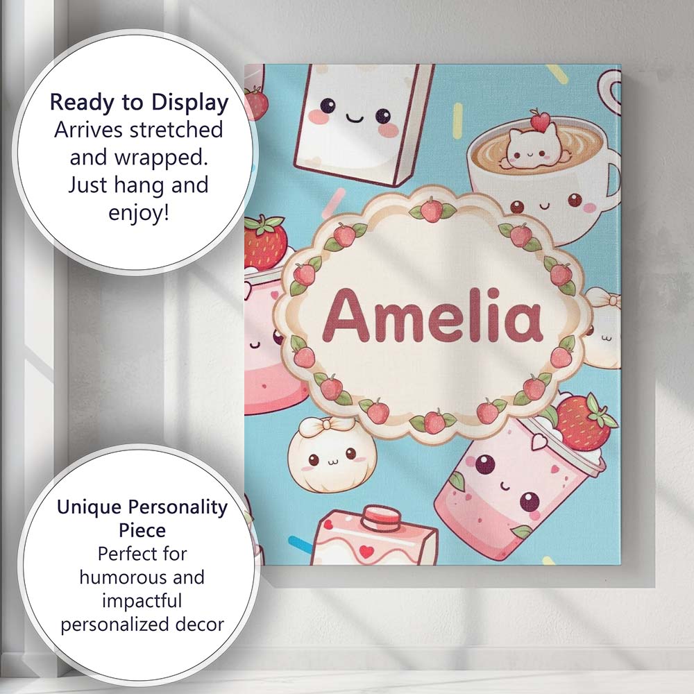 Personalised Name Cute Strawberry Cat Custom Modern Room Accent Creative Decorator Style Canvas Wall Art Print Decor Picture Ready to Hang