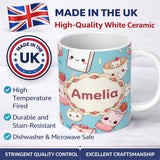 Personalized Custom Name Cute Strawberry Cat Coffee Cups Blue Kawaii Seamless Pattern Name 11oz Ceramic Coffee Tea Mug White Large Handle