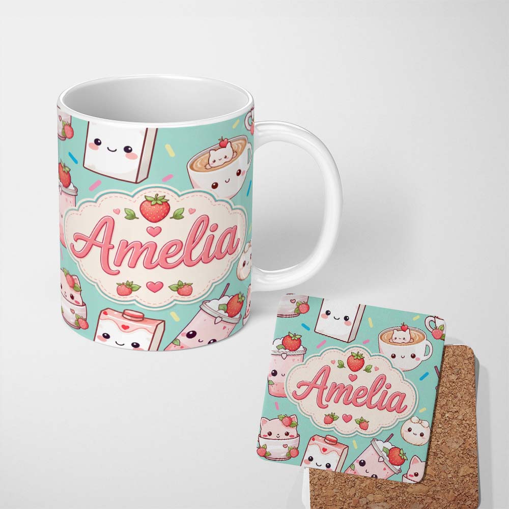 Personalized Custom Name Cute Strawberry Cat Coffee Cups Mint Kawaii Seamless Pattern Name 11oz Ceramic Coffee Tea Mug White Large Handle
