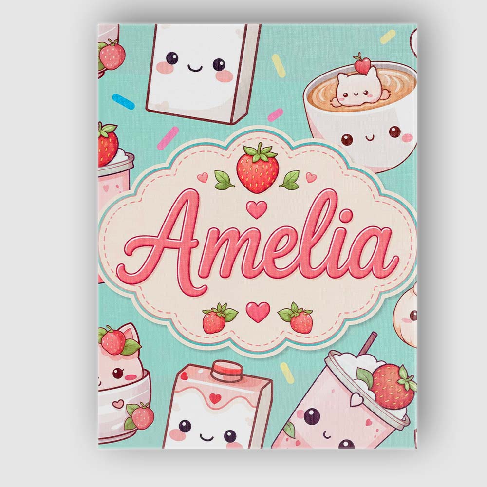 Personalised Name Cute Strawberry Cat Custom Modern Room Accent Creative Decorator Style Canvas Wall Art Print Decor Picture Ready to Hang