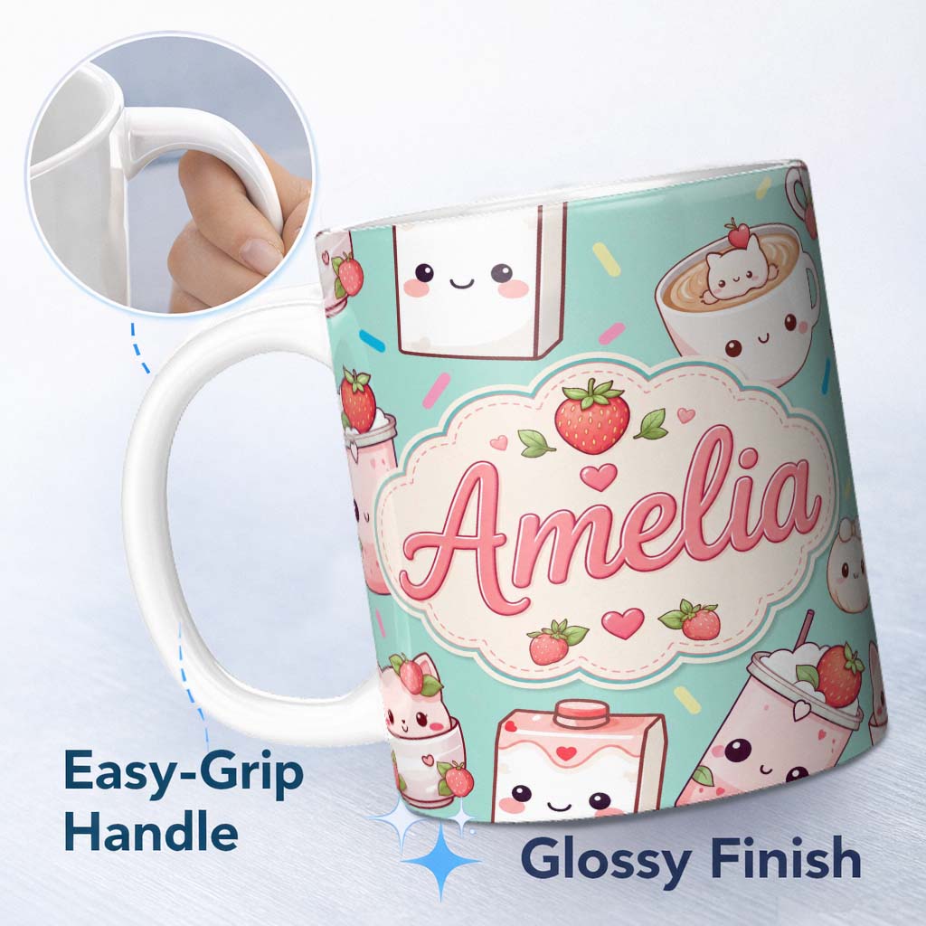 Personalized Custom Name Cute Strawberry Cat Coffee Cups Mint Kawaii Seamless Pattern Name 11oz Ceramic Coffee Tea Mug White Large Handle