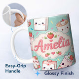 Personalized Custom Name Cute Strawberry Cat Coffee Cups Mint Kawaii Seamless Pattern Name 11oz Ceramic Coffee Tea Mug White Large Handle