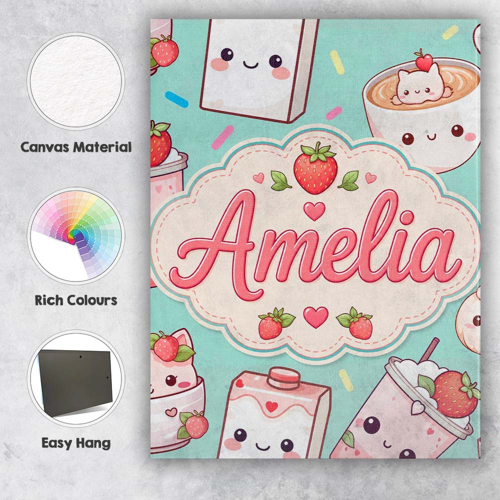 Personalised Name Cute Strawberry Cat Custom Modern Room Accent Creative Decorator Style Canvas Wall Art Print Decor Picture Ready to Hang