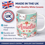 Personalized Custom Name Cute Strawberry Cat Coffee Cups Mint Kawaii Seamless Pattern Name 11oz Ceramic Coffee Tea Mug White Large Handle