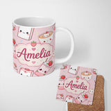 Personalized Custom Name Cute Strawberry Cat Coffee Cups Soft Pink Kawaii Seamless Pattern 11oz Ceramic Coffee Tea Mug White Large Handle
