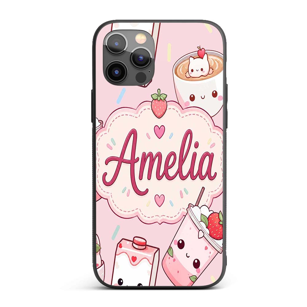 Cute Strawberry Cat Coffee Cups Soft Pink Kawaii Custom Name Protective Phone Case Mobile Cover Durable Everyday Smartphone Shock Resistant