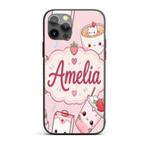 Cute Strawberry Cat Coffee Cups Soft Pink Kawaii Custom Name Protective Phone Case Mobile Cover Durable Everyday Smartphone Shock Resistant