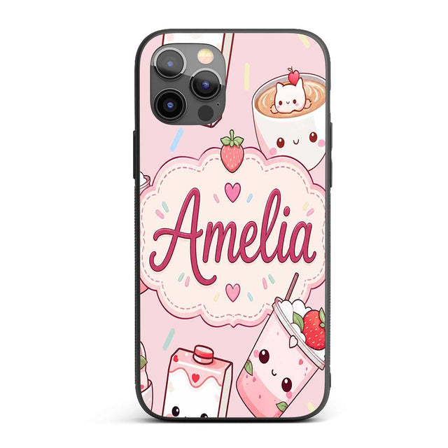Cute Strawberry Cat Coffee Cups Soft Pink Kawaii Custom Name Protective Phone Case Mobile Cover Durable Everyday Smartphone Shock Resistant