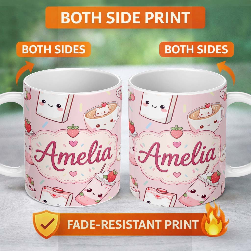 Personalized Custom Name Cute Strawberry Cat Coffee Cups Soft Pink Kawaii Seamless Pattern 11oz Ceramic Coffee Tea Mug White Large Handle