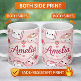 Personalized Custom Name Cute Strawberry Cat Coffee Cups Soft Pink Kawaii Seamless Pattern 11oz Ceramic Coffee Tea Mug White Large Handle