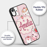 Cute Strawberry Cat Coffee Cups Soft Pink Kawaii Custom Name Protective Phone Case Mobile Cover Durable Everyday Smartphone Shock Resistant