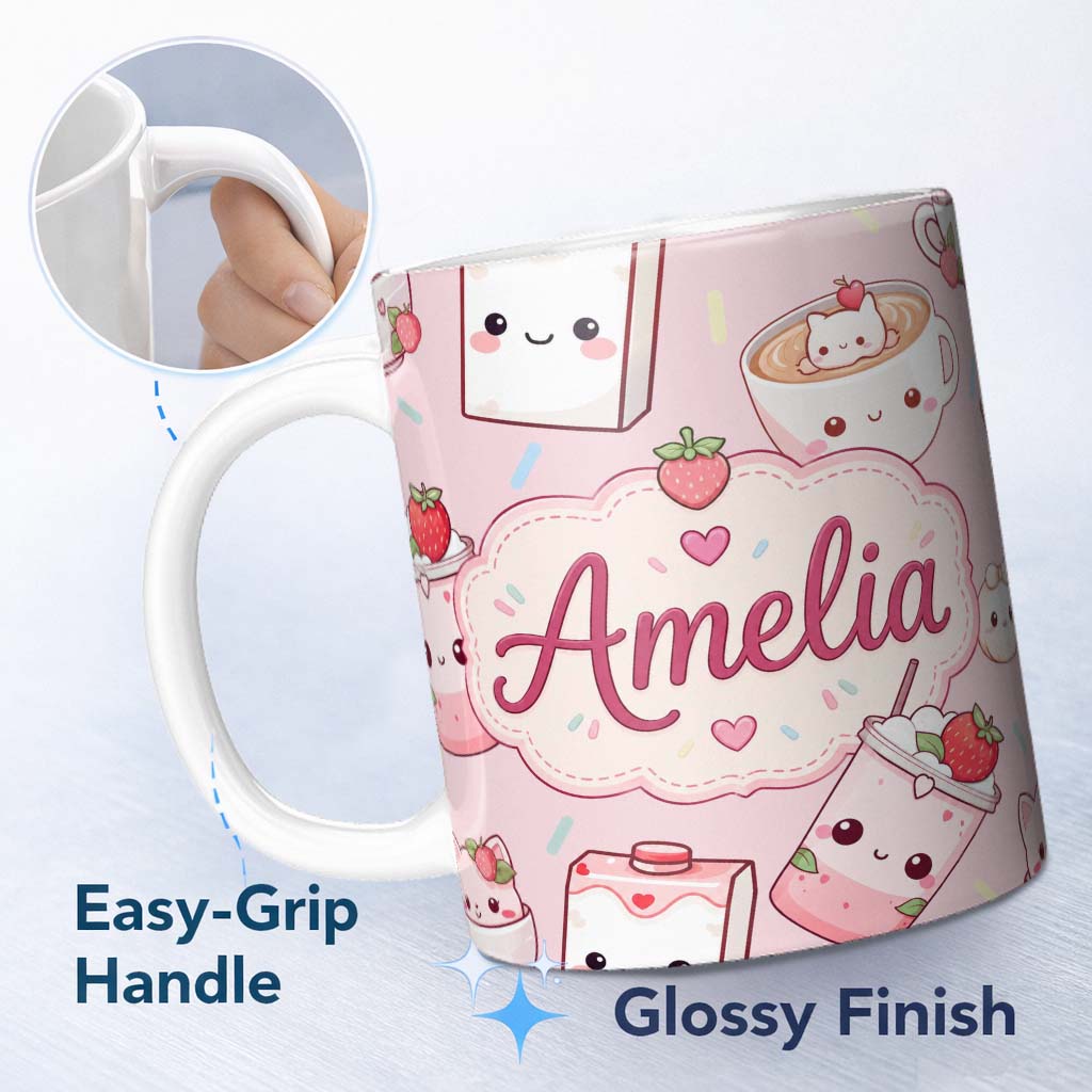 Personalized Custom Name Cute Strawberry Cat Coffee Cups Soft Pink Kawaii Seamless Pattern 11oz Ceramic Coffee Tea Mug White Large Handle