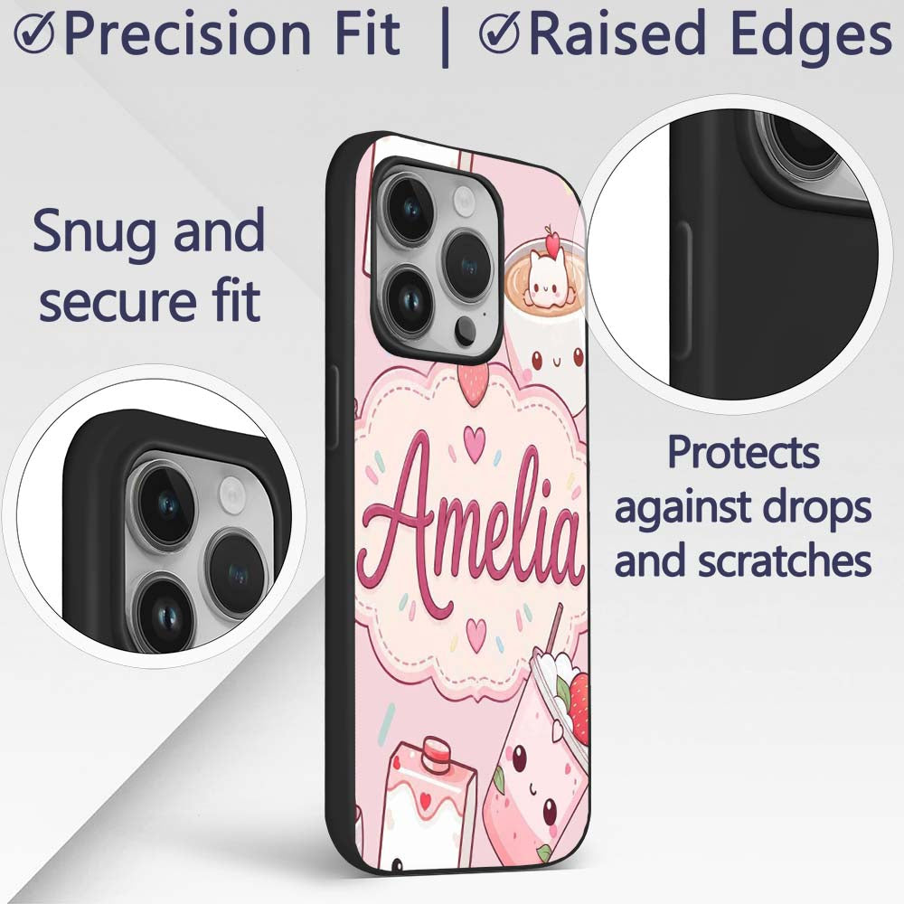 Cute Strawberry Cat Coffee Cups Soft Pink Kawaii Custom Name Protective Phone Case Mobile Cover Durable Everyday Smartphone Shock Resistant