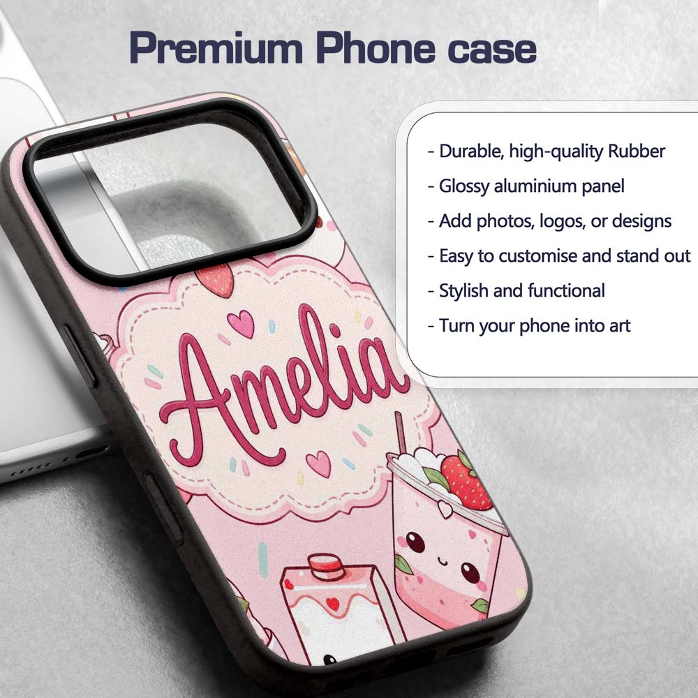 Cute Strawberry Cat Coffee Cups Soft Pink Kawaii Custom Name Protective Phone Case Mobile Cover Durable Everyday Smartphone Shock Resistant