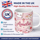 Personalized Custom Name Cute Strawberry Cat Coffee Cups Soft Pink Kawaii Seamless Pattern 11oz Ceramic Coffee Tea Mug White Large Handle
