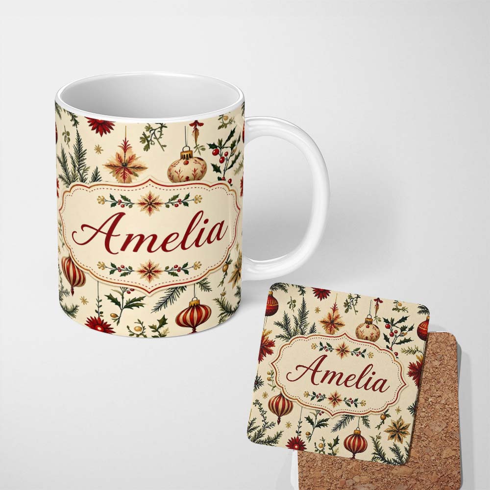 Personalized Custom Name Elegant Christmas Baubles Holly Berry Botanical Seamless Pattern 11oz Ceramic Coffee Tea Mug White Large Handle