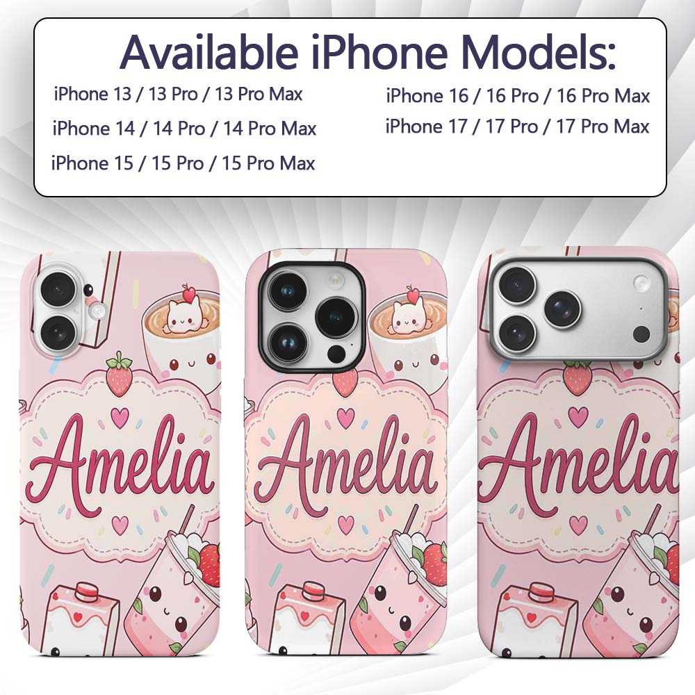 Cute Strawberry Cat Coffee Cups Soft Pink Kawaii Custom Name Protective Phone Case Mobile Cover Durable Everyday Smartphone Shock Resistant