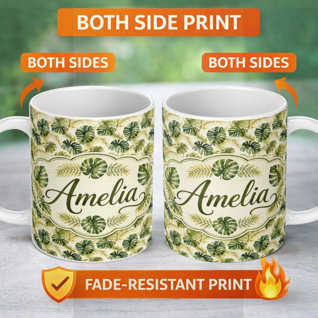 Personalized Custom Name Layered Tropical Monstera and Palm Leaves Natural Green Seamless 11oz Ceramic Coffee Tea Mug White Large Handle