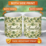 Personalized Custom Name Layered Tropical Monstera and Palm Leaves Natural Green Seamless 11oz Ceramic Coffee Tea Mug White Large Handle