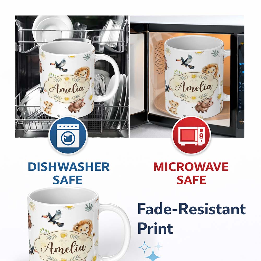 Personalized Custom Name Cute Safari Animals Lion Meerkat Toucan and Warthog with Sun and 11oz Ceramic Coffee Tea Mug White Large Handle