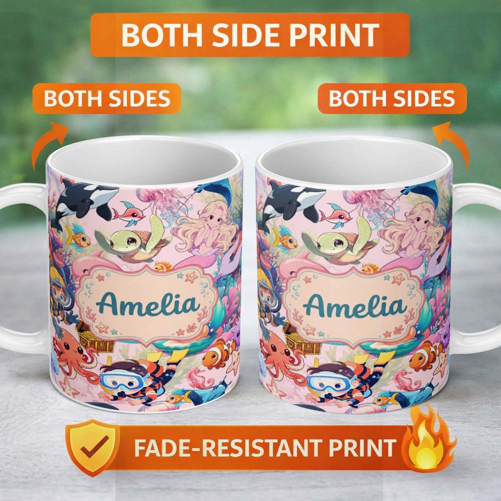 Personalized Custom Name Cute Underwater Ocean Scene Mermaid Dolphin Turtle Treasure Pink 11oz Ceramic Coffee Tea Mug White Large Handle
